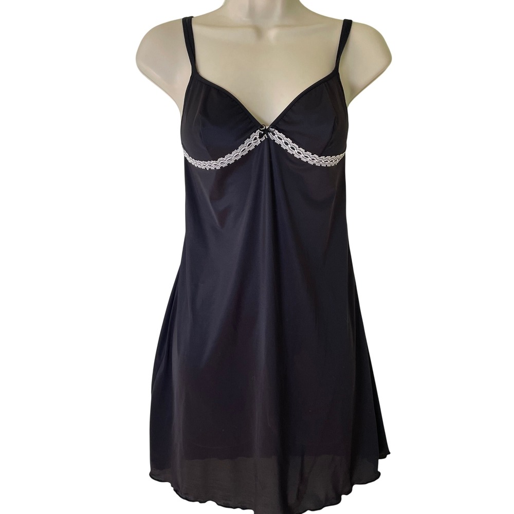Vassarette Black Lace Trim Babydoll Chemise Nightgown Slip Sleepwear Small Sexy